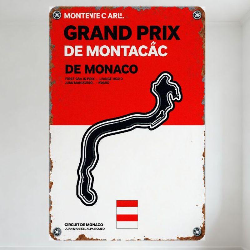 Винтажная металлическая жестяная вывеска Гран-при Монте-Карло, Ржавая выветренная ретро настенная табличка гонок Монте-Карло, Хуан Мануэль Фанхио 1950 F1 Circu 20x30cm（7.8x11.8inch）
